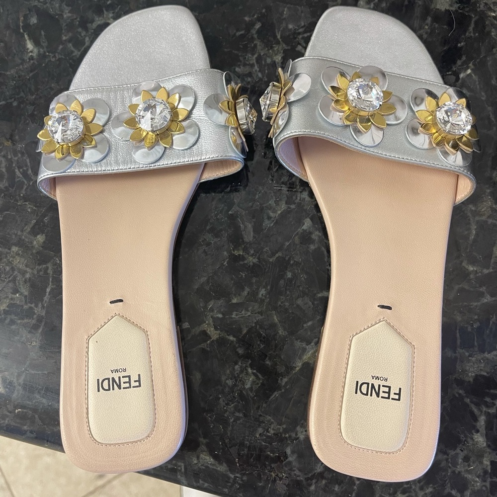 Fendi slides sz 37 silver, gold, rhinestone